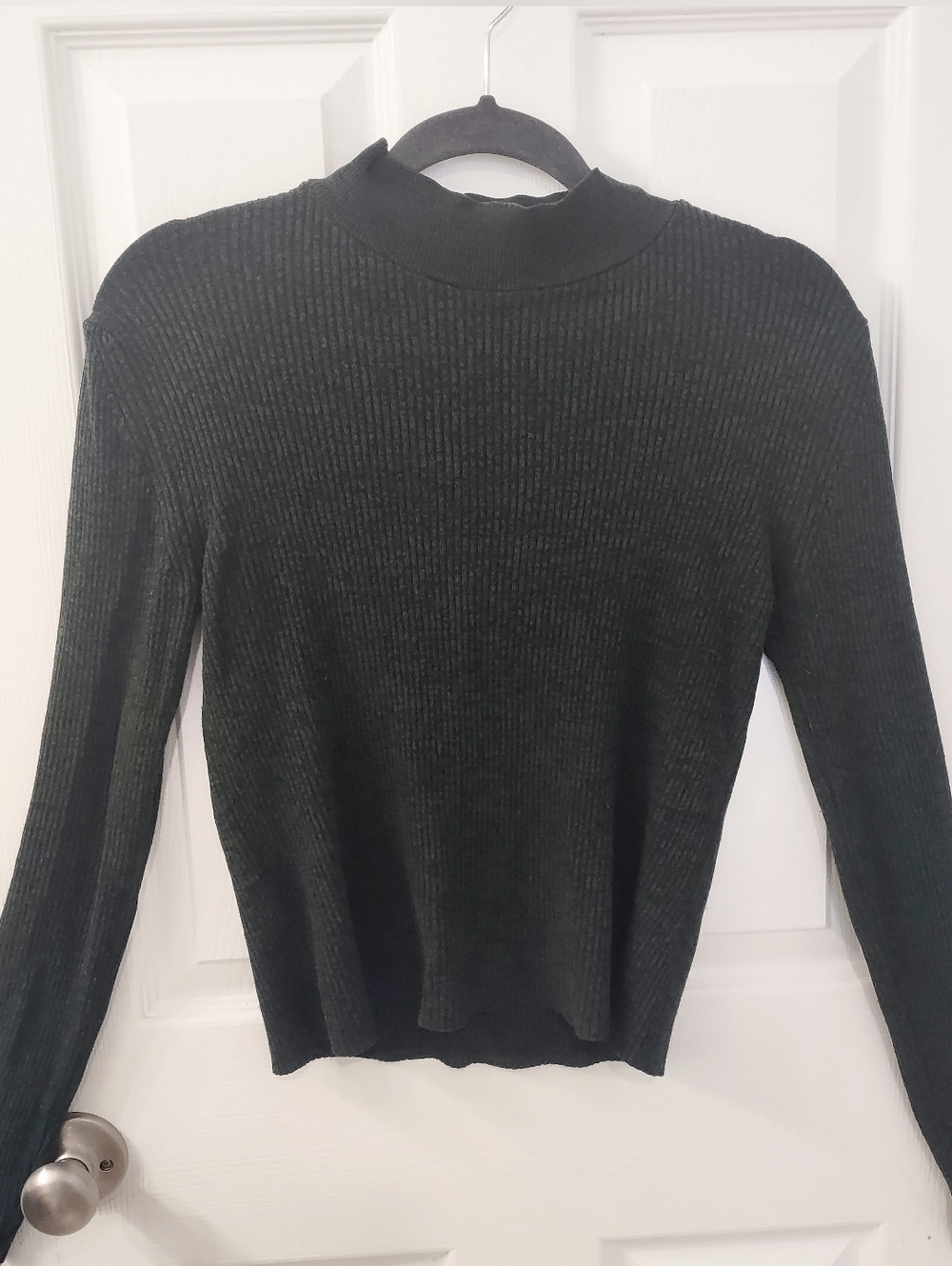 Zara Knit Emerald Green Marled Mockneck Ribbed Fitted Sweater Size L